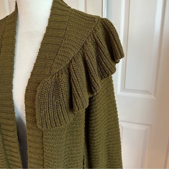 Madewell Olive Green Ruffle Chunky Knit Cardigan Sweater - Picture 3 of 6